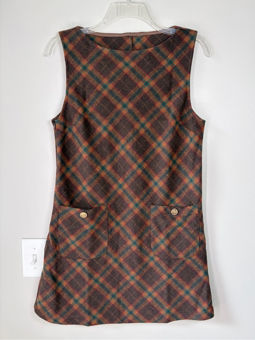 Cider Brown Plaid Boatneck Mini Shift Dress Academia Faux Wool Preppy Fall